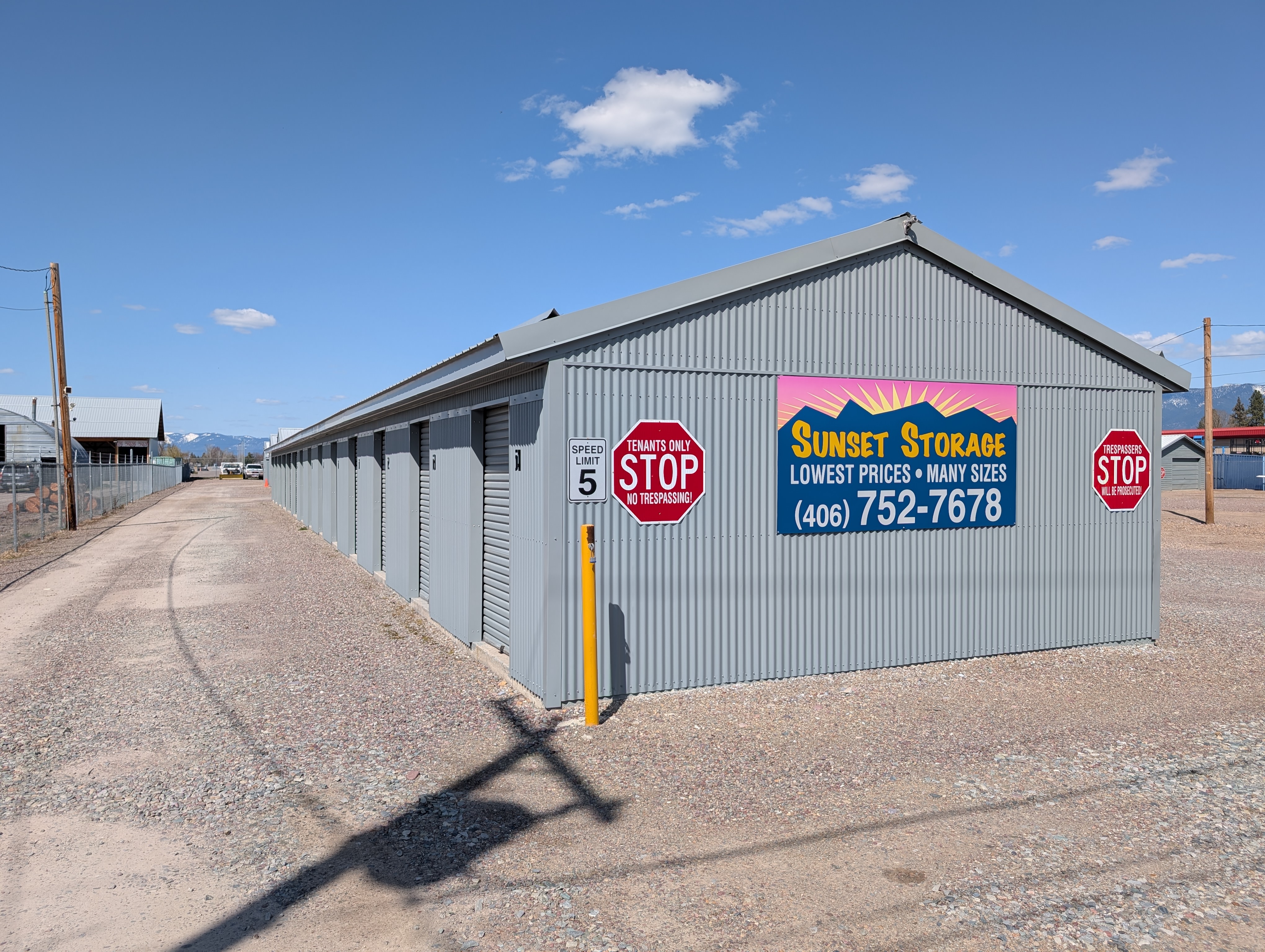 Side view of storage unit buildings at Sunset Storage Kalispell